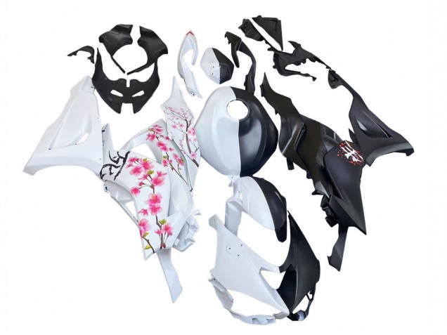 Billige Kawasaki ZX6R Motorrad Verkleidung 2023-2025 - Schwarz Weiss mit Blume