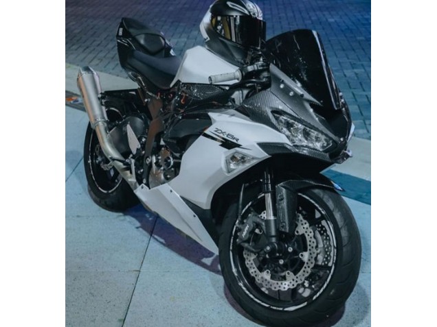 Billige Kawasaki ZX6R Motorrad Verkleidung 2019-2022 - Weiss Schwarz Carbonfaser