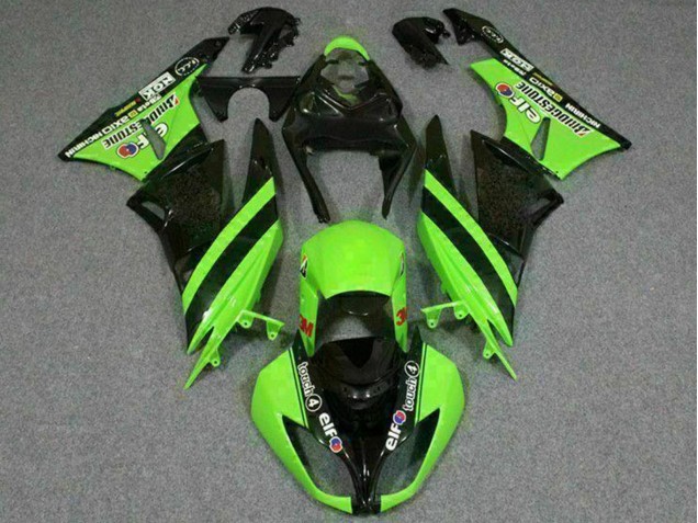 Billige Kawasaki ZX6R Motorrad Verkleidung 2009-2012 - Grun Glanzendes Schwarz Elf Touch4 Bridgestone