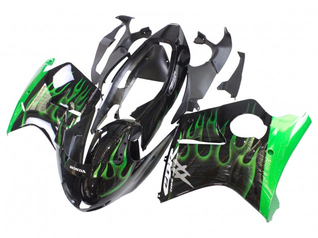 Billige Honda CBR1100XX Blackbird Motorrad Verkleidung 1996-2007 - Glanzendes Schwarz Grun Flamme