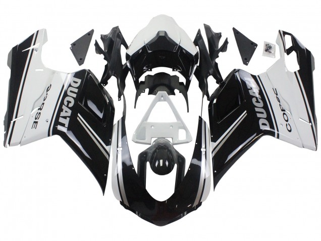 Billige Ducati 848/1098/1198 Motorrad Verkleidung 2007-2014 - Weiss Glanzendes Schwarz Corse