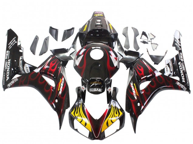 Billige Honda CBR1000RR Motorrad Verkleidung 2006-2007 - Glanzendes Schwarz Gelb Rot Flamme