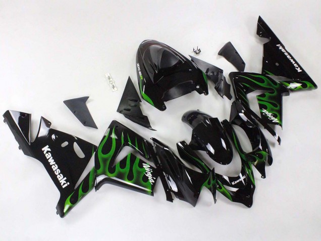 Billige Kawasaki ZX10R Motorrad Verkleidung 2004-2005 - Schwarz mit Gruner Flamme Ninja