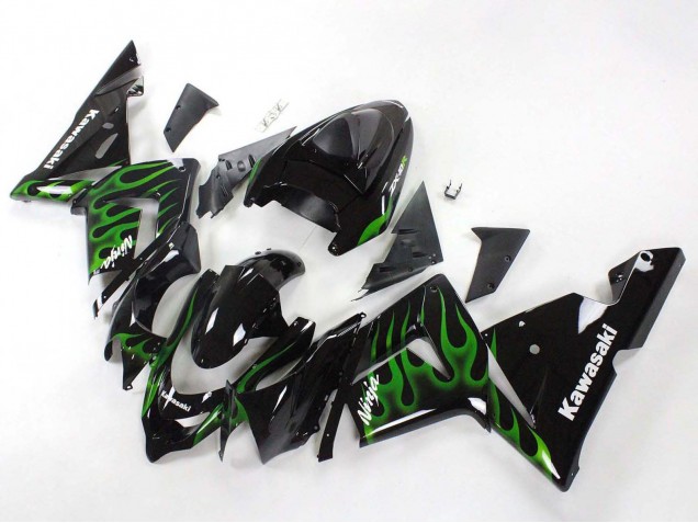 Billige Kawasaki ZX10R Motorrad Verkleidung 2004-2005 - Schwarz mit Gruner Flamme Ninja