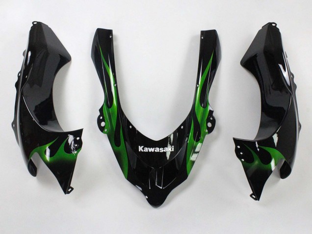 Billige Kawasaki ZX10R Motorrad Verkleidung 2004-2005 - Schwarz mit Gruner Flamme Ninja