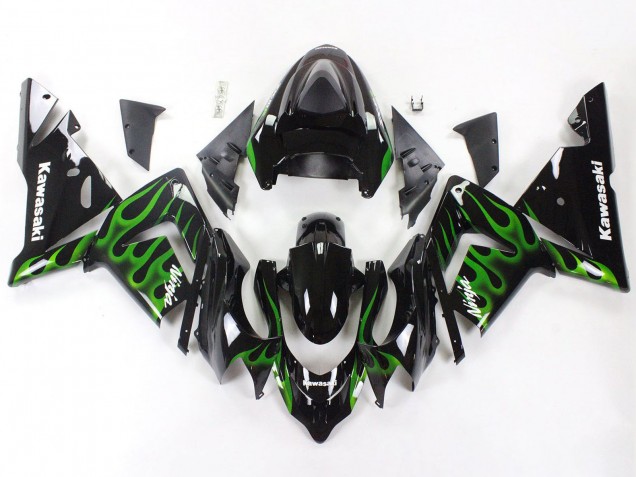 Billige Kawasaki ZX10R Motorrad Verkleidung 2004-2005 - Schwarz mit Gruner Flamme Ninja