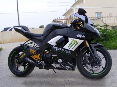 Billige Kawasaki ZX10R Motorrad Verkleidung 2008-2010 - Glanzendes Schwarz Weiss Grun Monster Elf