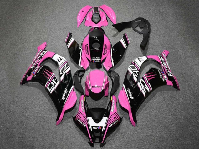 Billige Kawasaki ZX10R Motorrad Verkleidung 2016-2020 - Rosa Glanzendes Schwarz Weiss Elf Monster