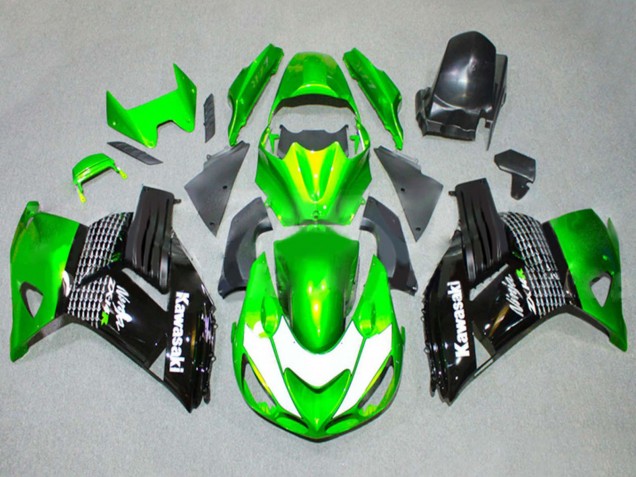 Billige Kawasaki ZX14R ZZR1400 Motorrad Verkleidung 2006-2011 - Grun Weiss Glanzendes Schwarz