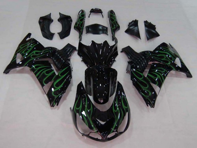 Billige Kawasaki ZX14R ZZR1400 Motorrad Verkleidung 2006-2011 - Glanzendes Schwarz Grun Flamme