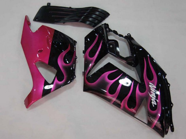 Billige Kawasaki ZX14R ZZR1400 Motorrad Verkleidung 2006-2011 - Glanzendes Schwarz Rot Rosa Flamme