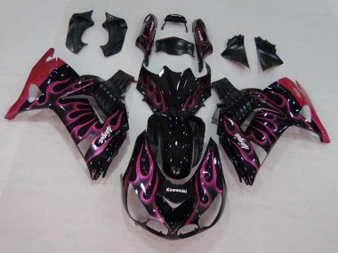 Billige Kawasaki ZX14R ZZR1400 Motorrad Verkleidung 2006-2011 - Glanzendes Schwarz Rot Rosa Flamme