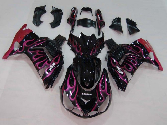 Billige Kawasaki ZX14R ZZR1400 Motorrad Verkleidung 2006-2011 - Glanzendes Schwarz Rot Rosa Flamme