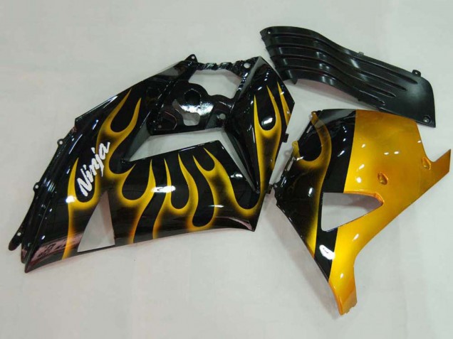 Billige Kawasaki ZX14R ZZR1400 Motorrad Verkleidung 2006-2011 - Glanzendes Schwarz Gold Flamme
