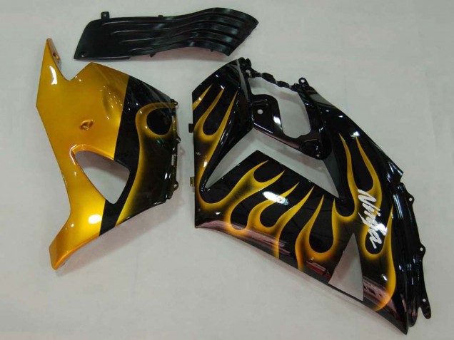 Billige Kawasaki ZX14R ZZR1400 Motorrad Verkleidung 2006-2011 - Glanzendes Schwarz Gold Flamme