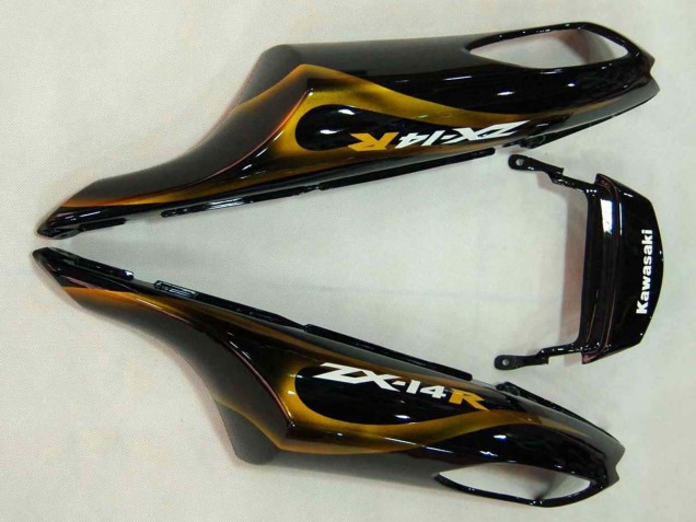 Billige Kawasaki ZX14R ZZR1400 Motorrad Verkleidung 2006-2011 - Glanzendes Schwarz Gold Flamme