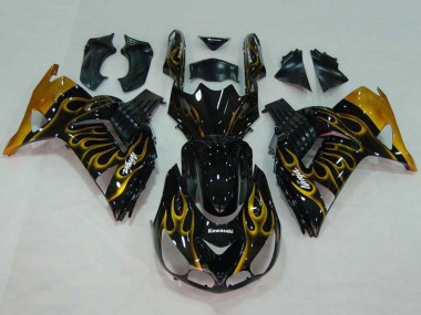 Billige Kawasaki ZX14R ZZR1400 Motorrad Verkleidung 2006-2011 - Glanzendes Schwarz Gold Flamme