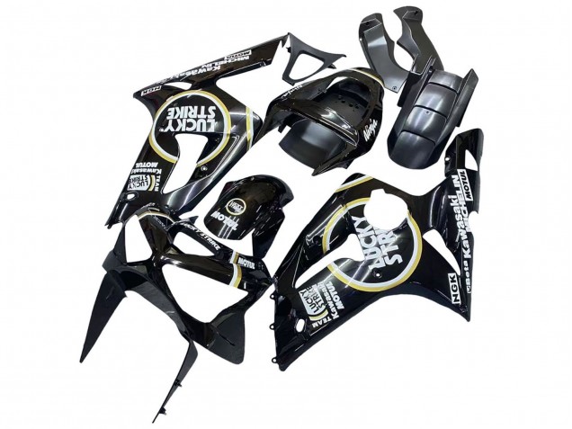 Billige Kawasaki ZX6R Motorrad Verkleidung 2003-2004 - Glanzendes Schwarz Weiss Motul Lucky Strike