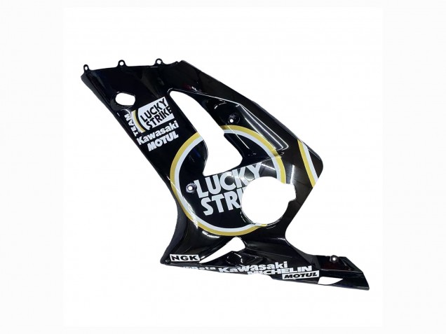 Billige Kawasaki ZX6R Motorrad Verkleidung 2003-2004 - Glanzendes Schwarz Weiss Motul Lucky Strike