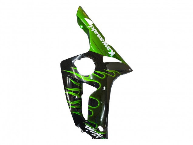 Billige Kawasaki ZX6R Motorrad Verkleidung 2003-2004 - Glanzendes Schwarz Grun Flamme
