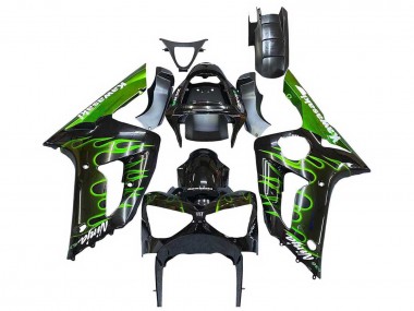 Billige Kawasaki ZX6R Motorrad Verkleidung 2003-2004 - Glanzendes Schwarz Grun Flamme