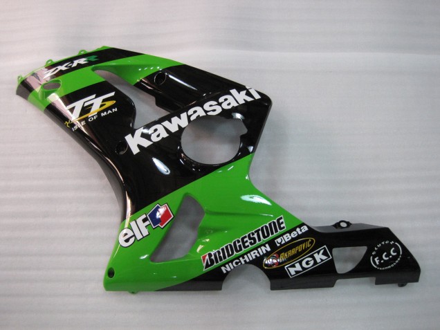 Billige Kawasaki ZX6R Motorrad Verkleidung 2003-2004 - Grun Schwarz Elf Bridgestone