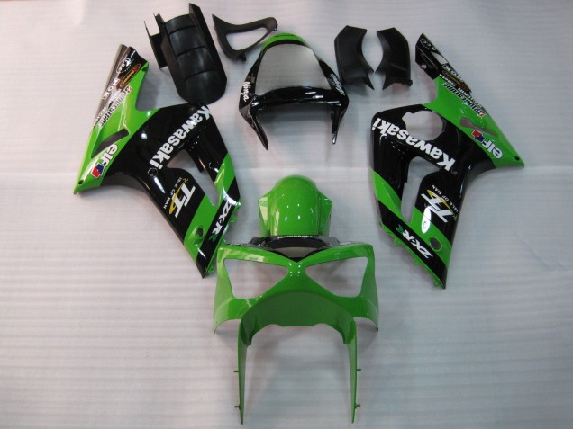 Billige Kawasaki ZX6R Motorrad Verkleidung 2003-2004 - Grun Schwarz Elf Bridgestone