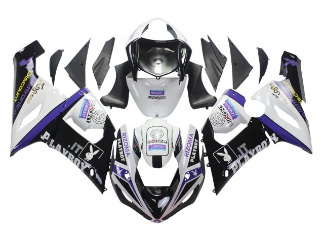 Billige Kawasaki ZX6R Motorrad Verkleidung 2005-2006 - Weiss Lila Schwarz Rizoma Playboy Denso