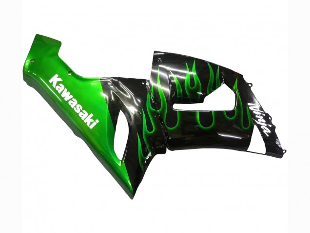 Billige Kawasaki ZX6R Motorrad Verkleidung 2005-2006 - Glanzendes Schwarz Grun Flamme