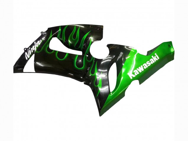 Billige Kawasaki ZX6R Motorrad Verkleidung 2005-2006 - Glanzendes Schwarz Grun Flamme