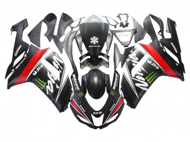 Billige Kawasaki ZX6R Motorrad Verkleidung 2007-2008 - Schwarz Weiss Rot mit weissem Schnee Aufkleber Ninja Elf