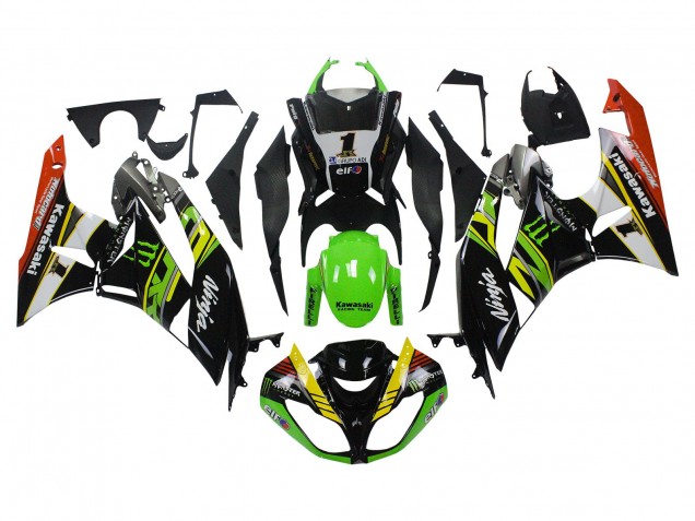 Billige Kawasaki ZX6R Motorrad Verkleidung 2009-2012 - Grun Glanzendes Schwarz Gelb Weiss Rot Elf Monster