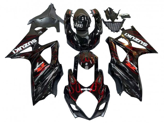 Billige Suzuki GSXR 1000 Motorrad Verkleidung 2007-2008 - Schwarz Rot Flamme
