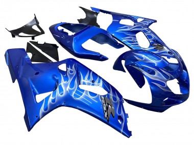 Billige Suzuki GSXR 600 / GSXR 750 Motorrad Verkleidung 2001-2003 - Blau mit Weiss Flamme