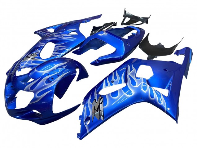 Billige Suzuki GSXR 600 / GSXR 750 Motorrad Verkleidung 2001-2003 - Blau mit Weiss Flamme
