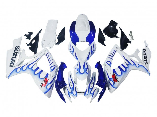 Billige Suzuki GSXR 600 / GSXR 750 Motorrad Verkleidung 2006-2007 - Weiss Blau Flamme