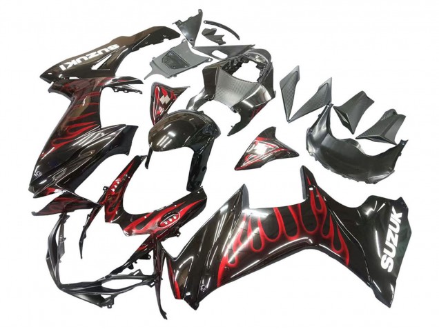 Billige Suzuki GSXR 600 / GSXR 750 Motorrad Verkleidung 2011-2024 - Glanzendes Schwarz Rot Flamme