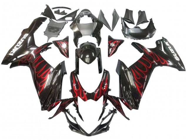 Billige Suzuki GSXR 600 / GSXR 750 Motorrad Verkleidung 2011-2024 - Glanzendes Schwarz Rot Flamme