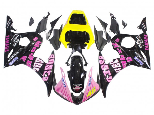 Billige Yamaha YZF R6 Motorrad Verkleidung 2003-2004 - Gelb Rosa Glanzendes Schwarz Rossi Repsol 46