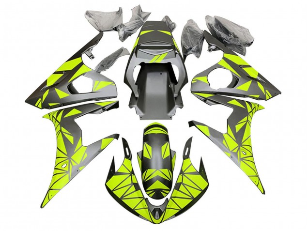 Billige Yamaha YZF R6S Motorrad Verkleidung 2006-2009 - Neon Grun Matt Schwarz Geometric