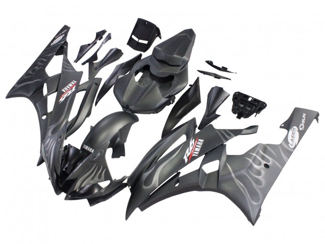 Billige Yamaha YZF 600 R6 Motorrad Verkleidung 2006-2007 - Matt Schwarz Silber Flamme