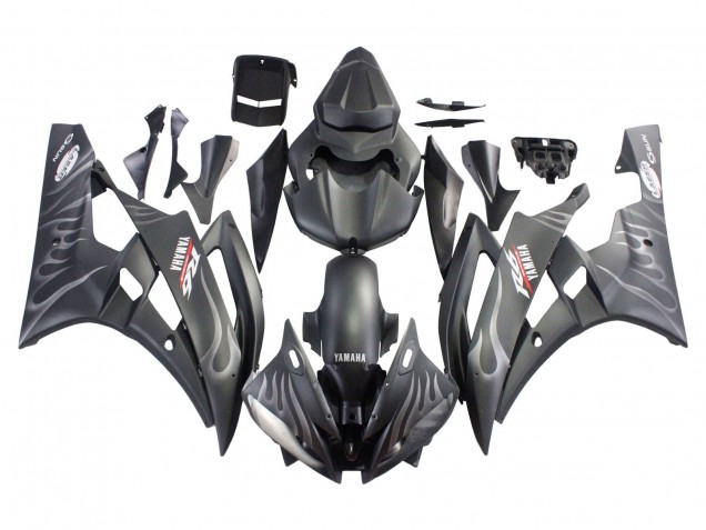 Billige Yamaha YZF 600 R6 Motorrad Verkleidung 2006-2007 - Matt Schwarz Silber Flamme