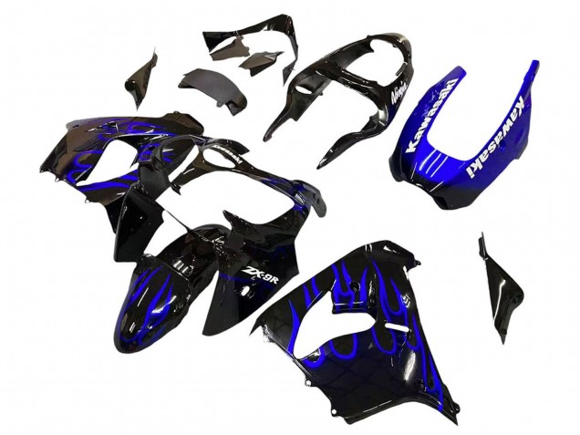 Billige Kawasaki ZX9R Motorrad Verkleidung 2000-2001 - Glanzendes Schwarz Blau Flamme Weiss
