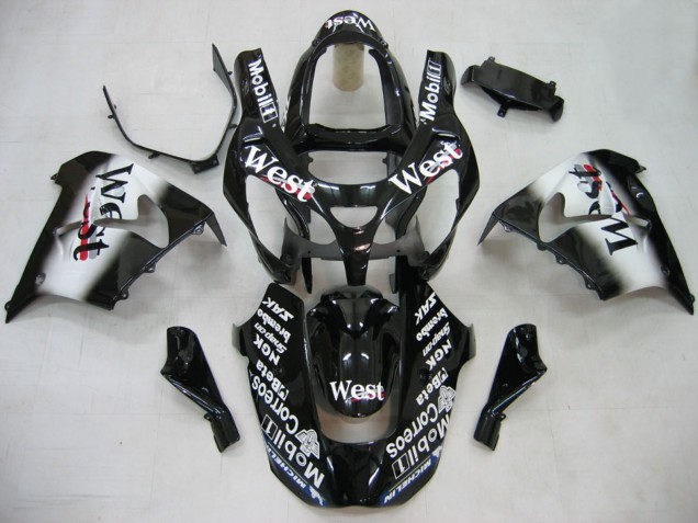 Billige Kawasaki ZX9R Motorrad Verkleidung 2000-2001 - Glanzendes Schwarz Weiss West