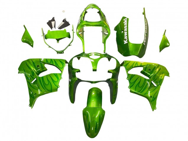 Billige Kawasaki ZX9R Motorrad Verkleidung 2000-2001 - Grun Flamme