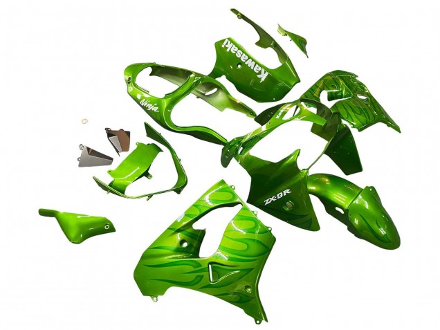 Billige Kawasaki ZX9R Motorrad Verkleidung 2000-2001 - Grun Flamme
