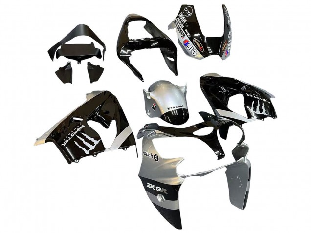 Billige Kawasaki ZX9R Motorrad Verkleidung 2002-2003 - Silber Glanzendes Schwarz Monster Elf
