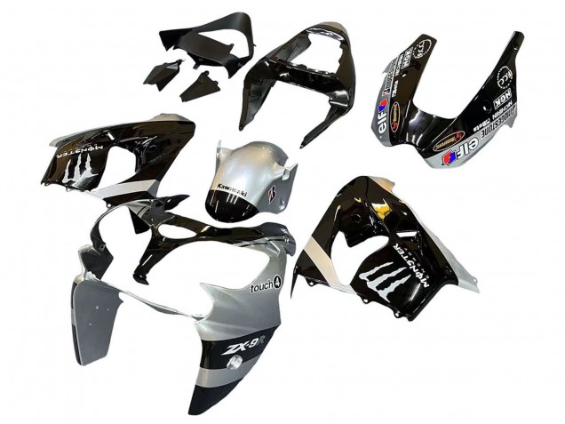 Billige Kawasaki ZX9R Motorrad Verkleidung 2002-2003 - Silber Glanzendes Schwarz Monster Elf