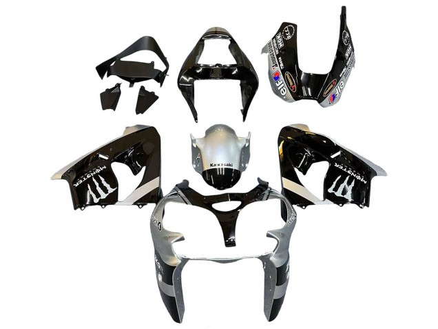 Billige Kawasaki ZX9R Motorrad Verkleidung 2002-2003 - Silber Glanzendes Schwarz Monster Elf