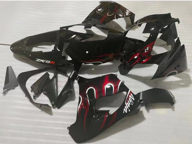 Billige Kawasaki ZX9R Motorrad Verkleidung 2002-2003 - Glanzendes Schwarz Rot Flamme